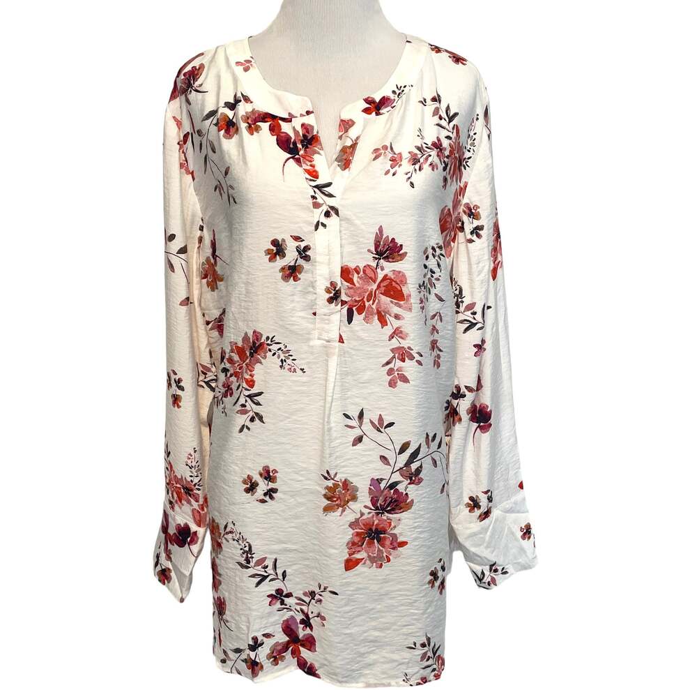 J. Jill Floral Top Womens Size 1X Ivory Red Bold Botanical Career Popover Blouse